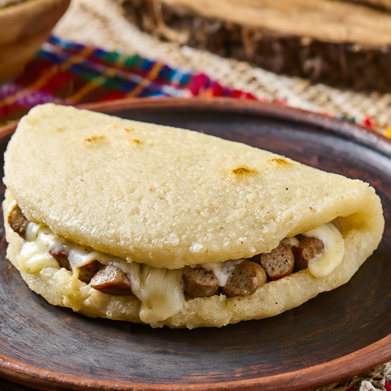 Arepa Suiza Rellena de Bratwurst y Queso Fundido