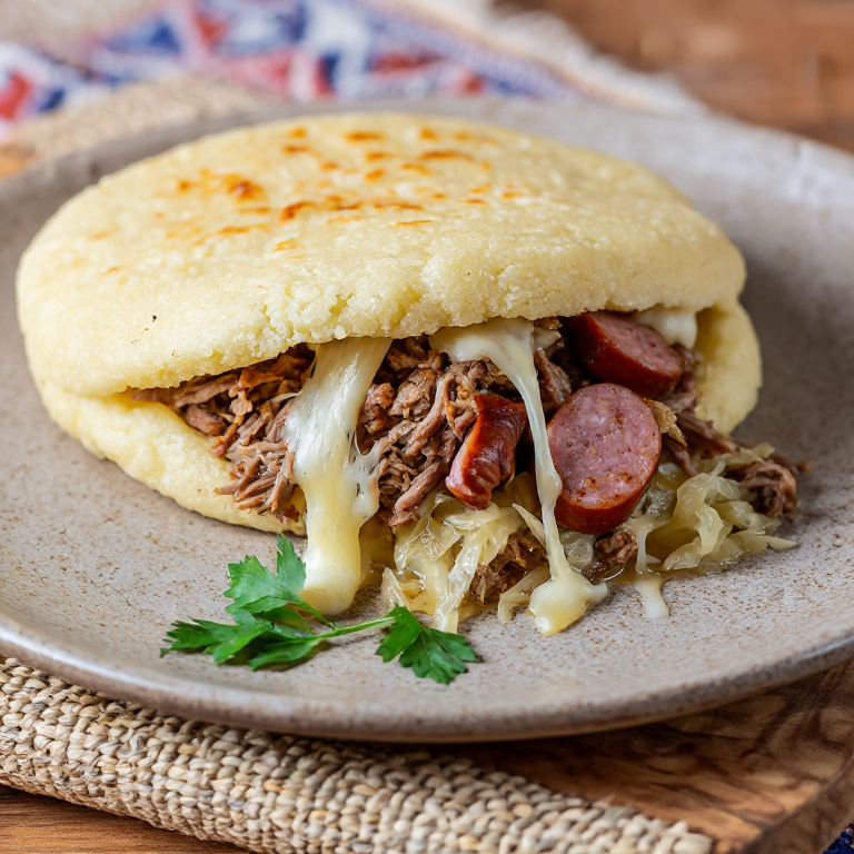 Arepas de Berner Platte – Fusión Suiza con Relleno de Carnes Ahumadas, Chucrut y Queso Fundido