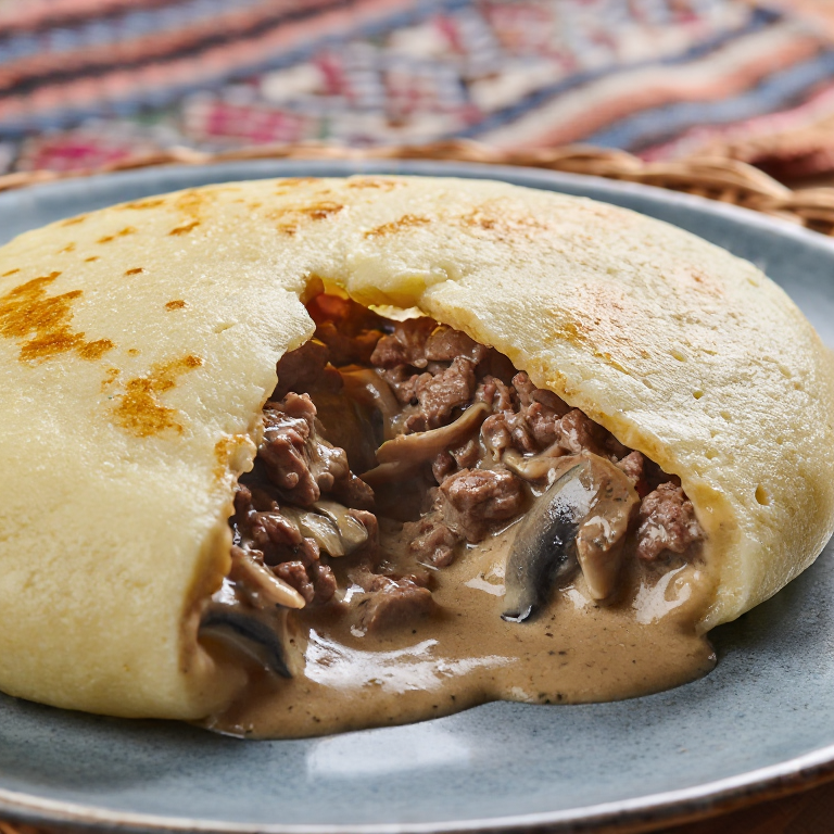 Arepa Suiza de Geschnetzeltes (Ternera en Salsa Cremosa)