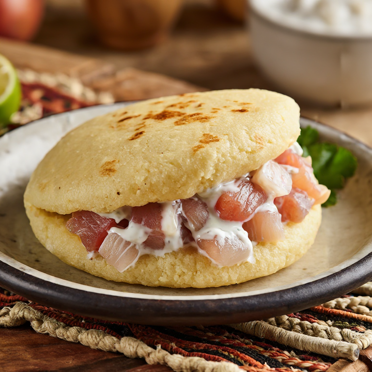 Arepa Tongana ‘Ota ika’ (Arepa rellena de pescado crudo marinado)