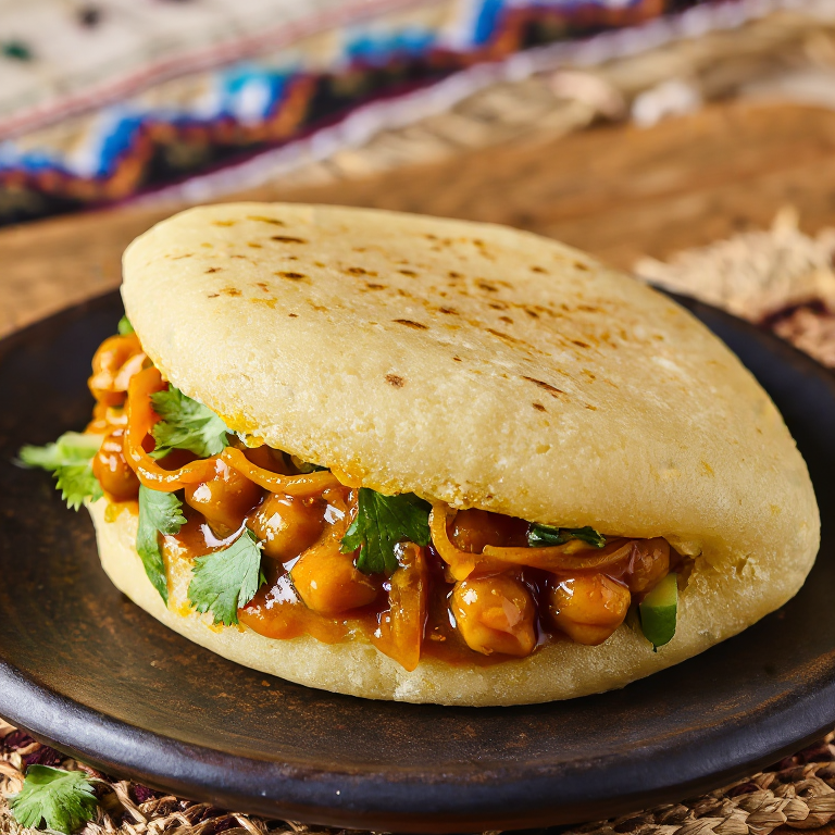 Arepa Doubles: Curry Chickpea-Stuffed Arepa con Mango Chutney y Salsa Picante