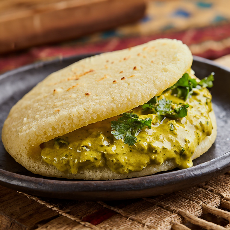 Arepa Rellena de Curry de Garbanzos y Chutney de Mango Verde (Estilo Trinidad)