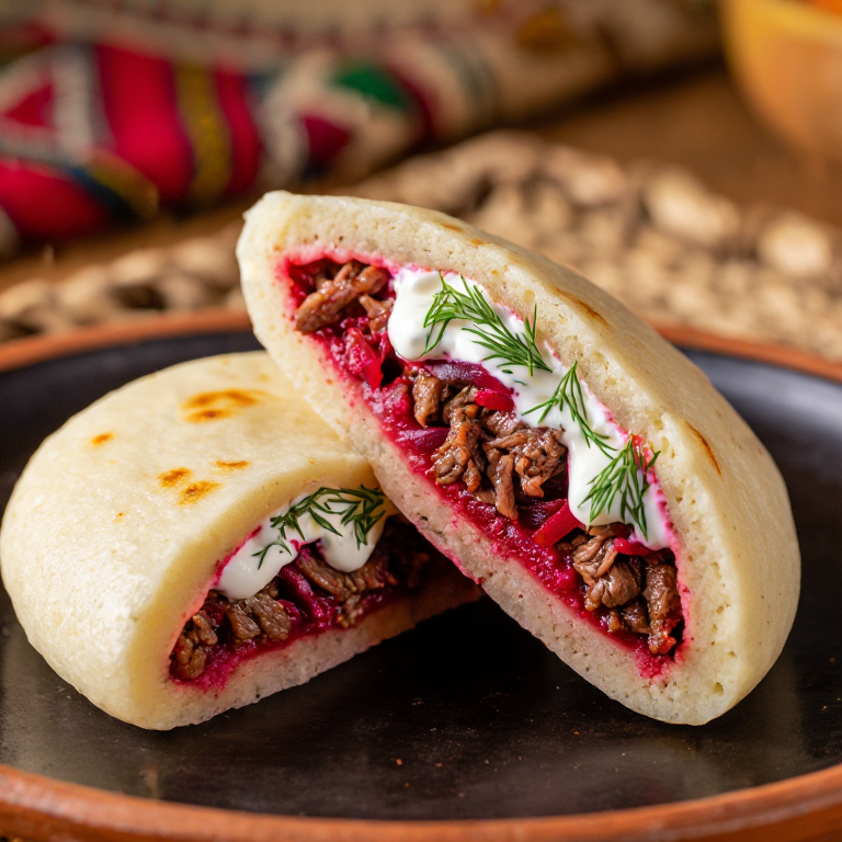 Arepa de Borscht Ucraniano: Masa de Remolacha y Eneldo Rellena de Carne Guisada