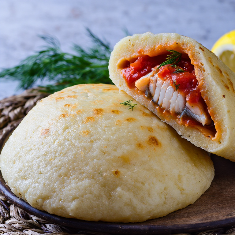 Arepa a la Mariupol (Pescado en Salsa de Tomate y Hierbas)
