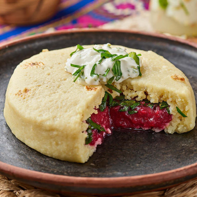 Arepa de Remolacha y Eneldo Rellena de Patata y Queso Feta