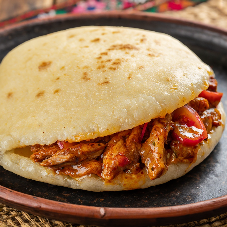 Arepa Shawarma: Arepa rellena de pollo shawarma estilo Emiratos Árabes Unidos