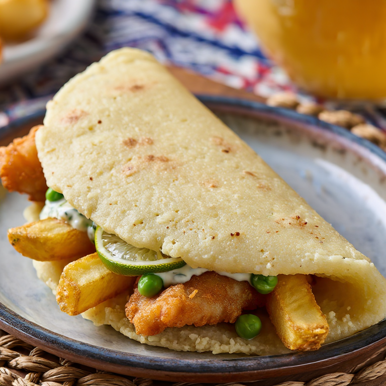 Arepa de Fish and Chips al Estilo Londinense