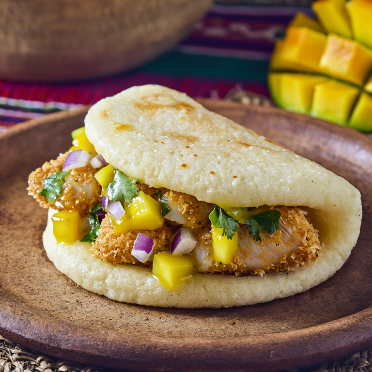 Arepa de Pescado con Coco y Salsa de Mango