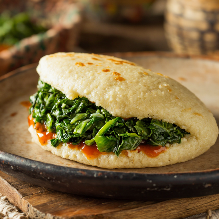 Arepa de Pollo Frito Sureño con Col Rizada y Glaseado de Miel y Sriracha