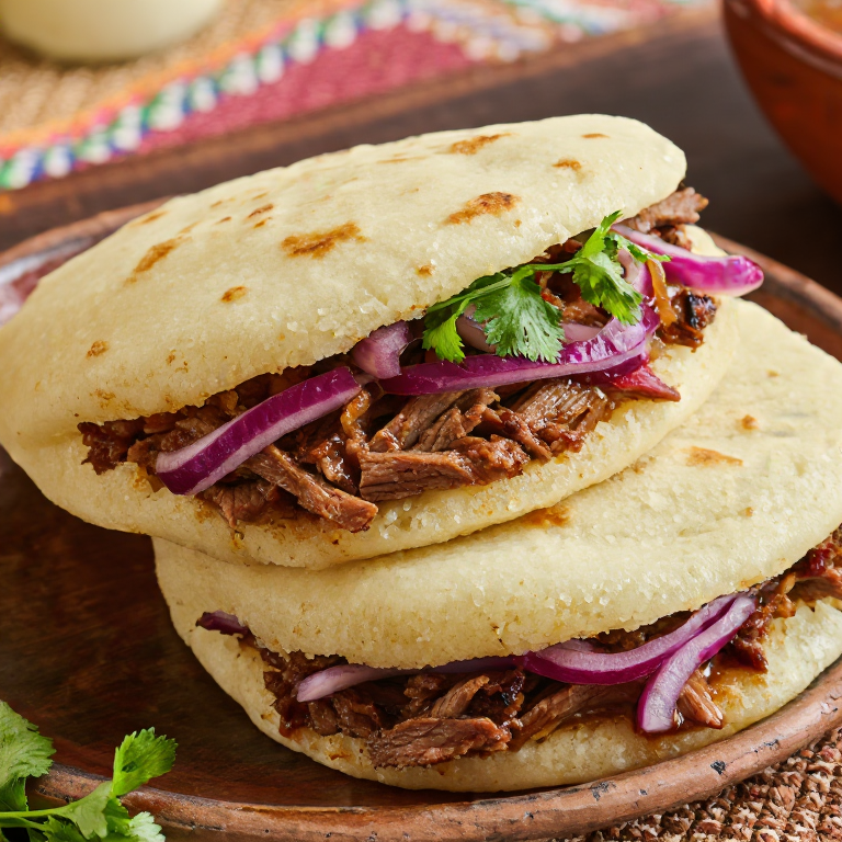 Arepa estilo Texas: Brisket ahumado, cebolla encurtida y chipotle