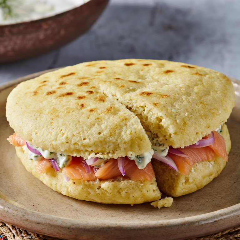 Arepa de Salmón Ahumado con Crema de Eneldo y Cebolla Encurtida