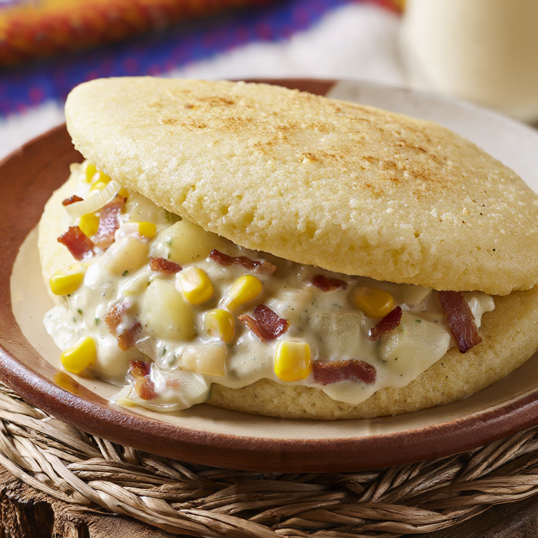 Arepa de Chowder de Maíz y Tocino (Iowa Corn Chowder Arepa)