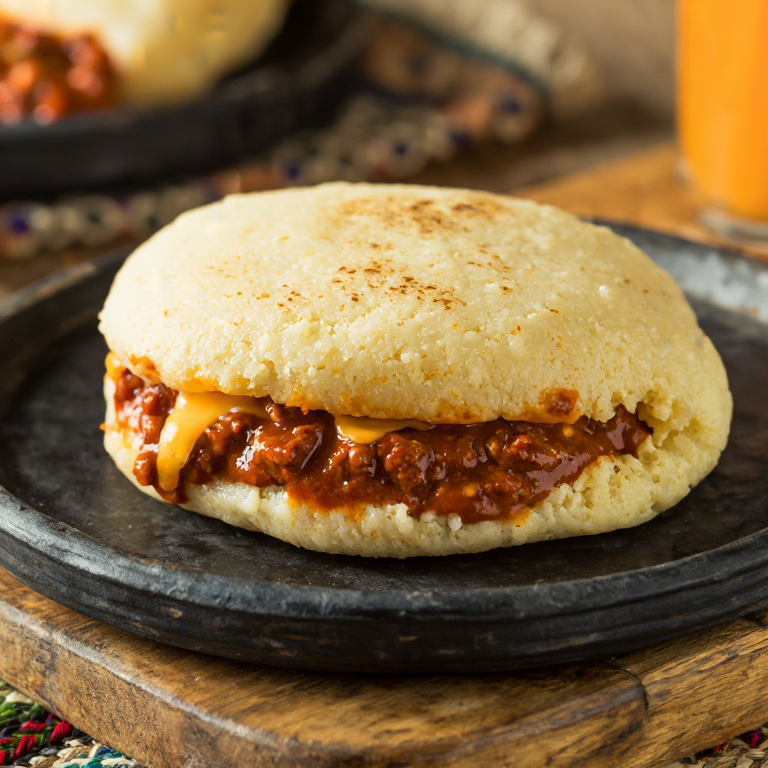 Arepa estilo Cincinnati: chili con queso cheddar