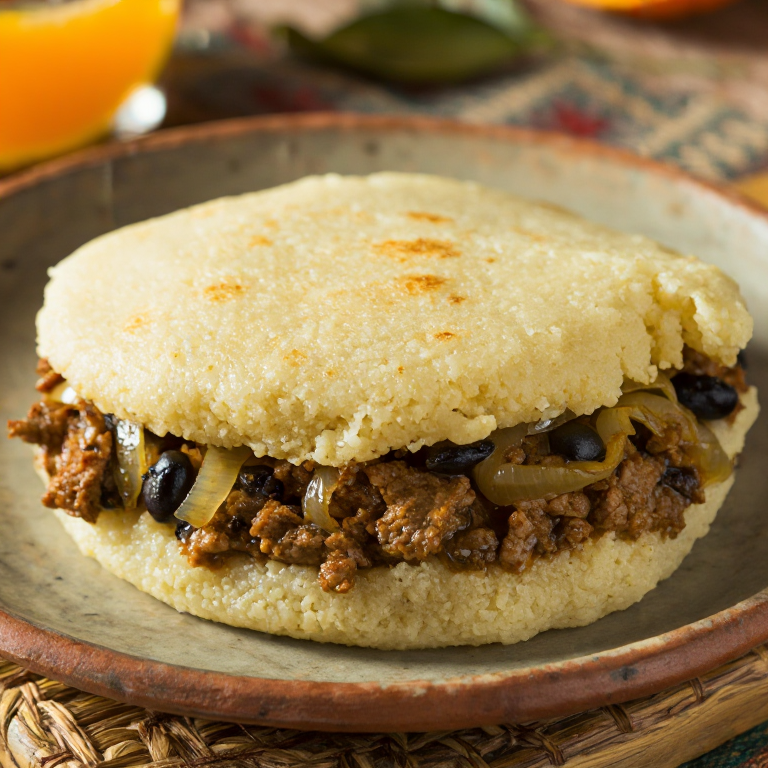 Arepa de Cerdo Mojo con Frijoles Negros y Cebolla Encurtida