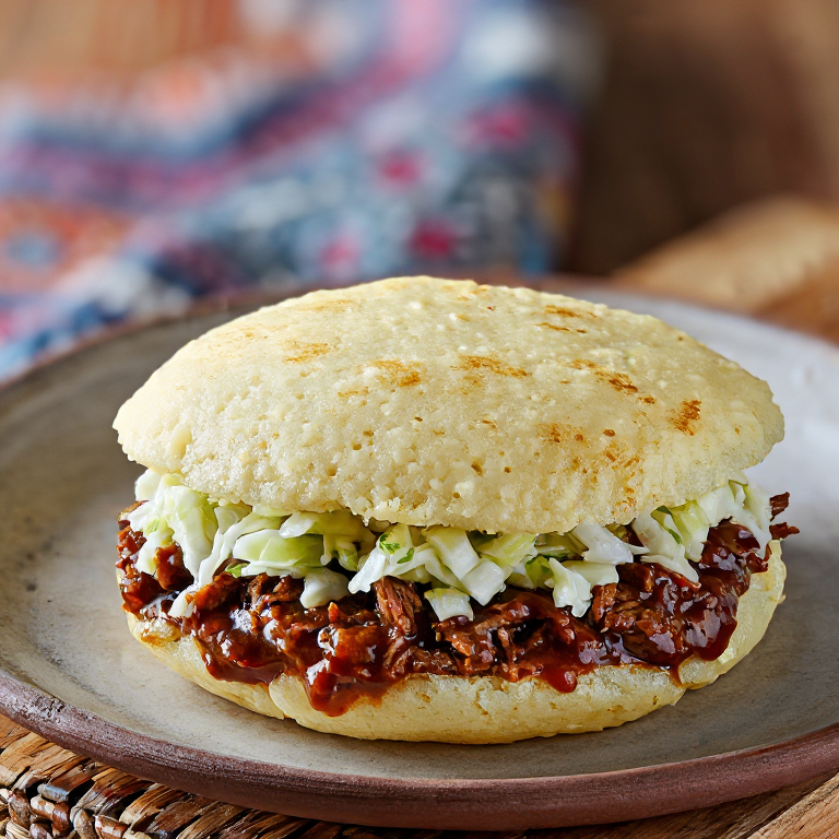 Arepa estilo Memphis: Cerdo desmenuzado BBQ y coleslaw