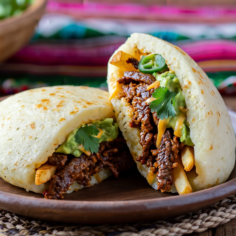 Arepa California Burrito: Carne Asada, Papas Fritas y Guacamole