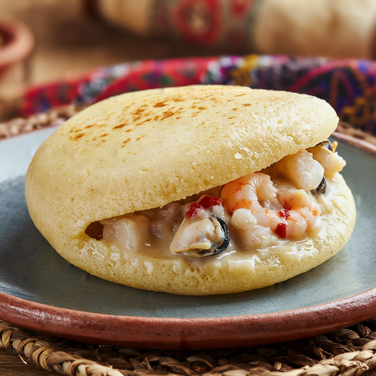 Arepa de Caldeirada: Arepa Rellena de Estofado de Mariscos Portugués