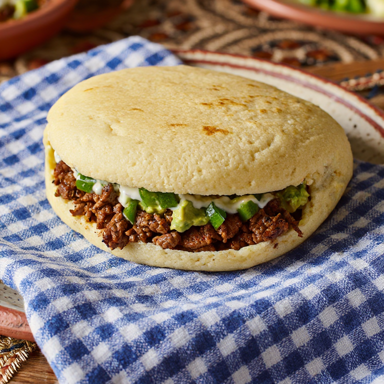 Arepa Californiana de Carne Asada con Guacamole y Pico de Gallo