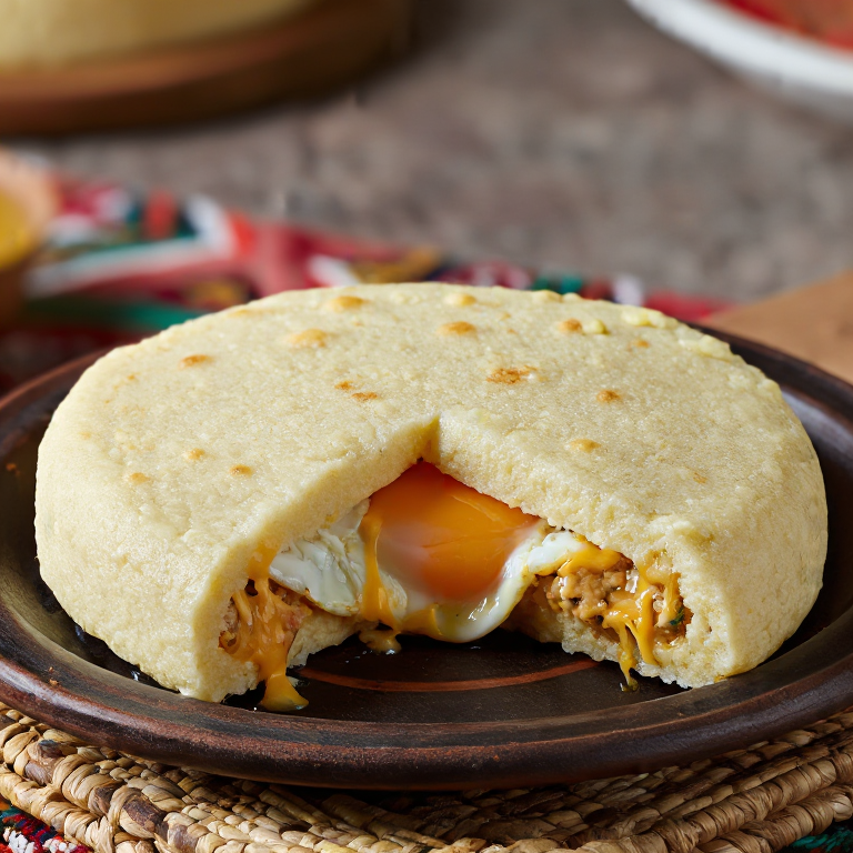 Scrapple Arepa con Huevo y Queso Cheddar