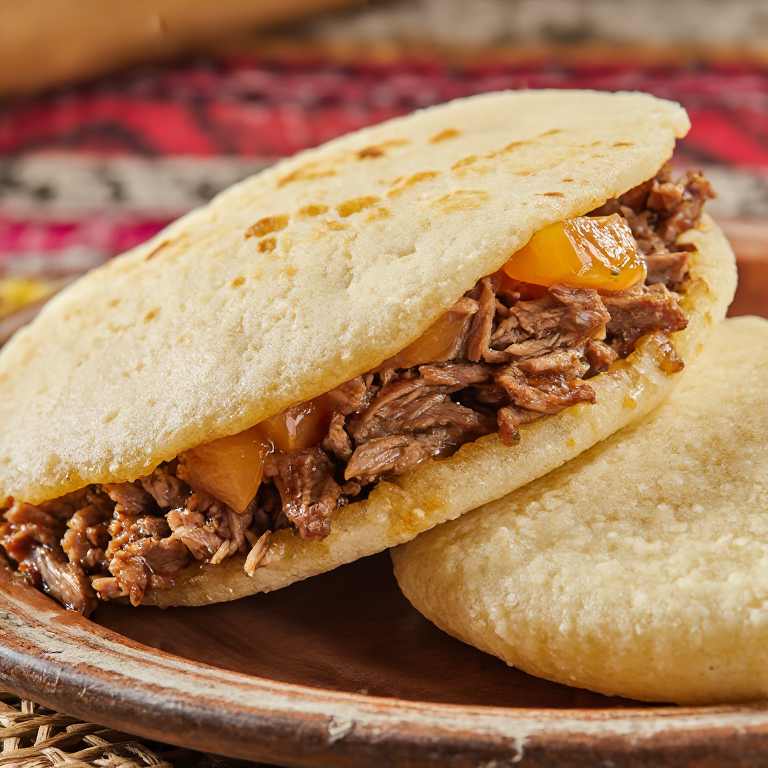 Arepa de Carnitas con Salsa de Durazno