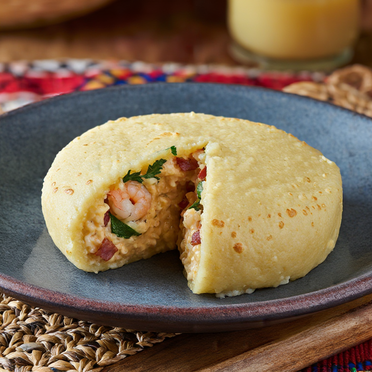 Arepa de Camarones y Grits (Shrimp and Grits Arepa)