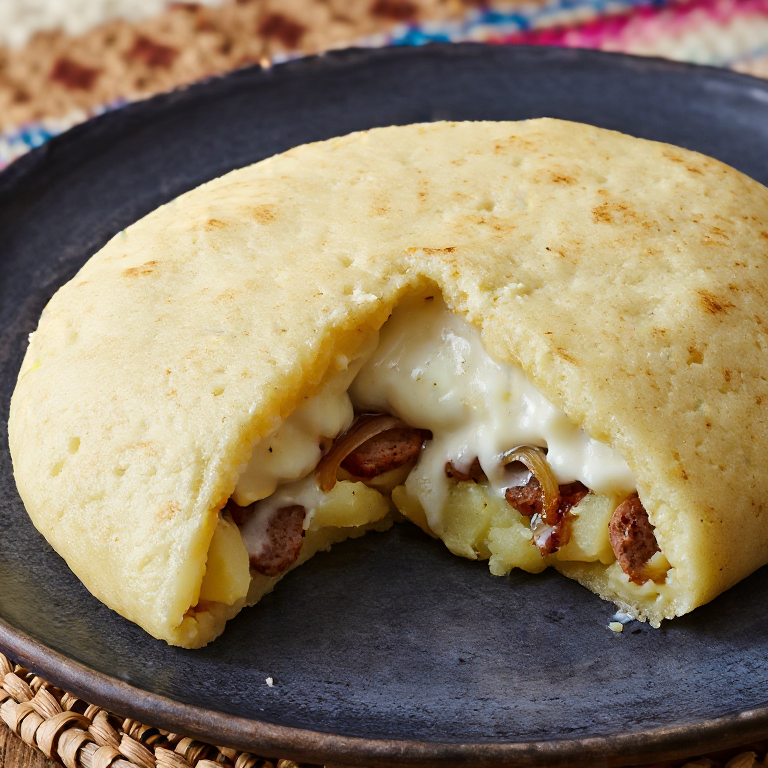 Pierogi Arepa: Arepas Rellenas de Puré de Papa, Queso Cheddar, Cebolla Caramelizada y Salchicha Kielbasa