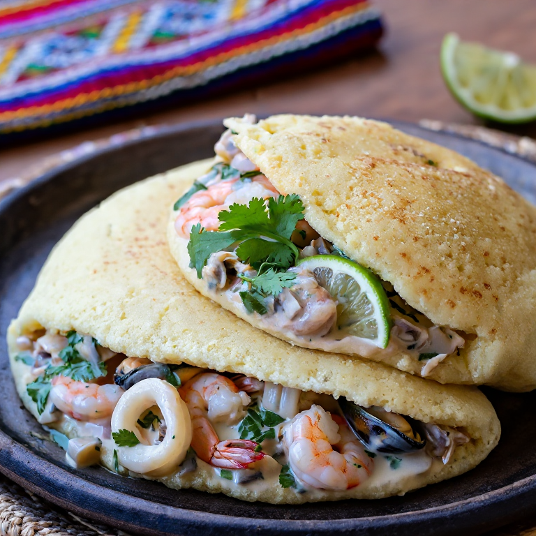 Arepa Cazuela Maracucha (Seafood Stew Arepa)
