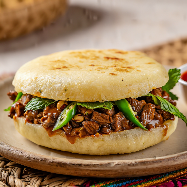 Arepa al Estilo Pho con Carne y Hierbas Frescas