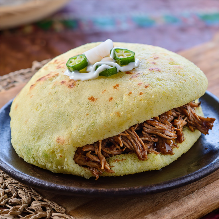 Arepa de Callaloo con Cerdo Estofado